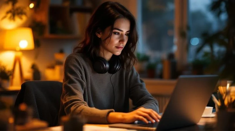 Frau lernt am Abend am Laptop für ihre IHK-Fortbildung in Münster