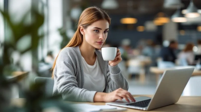 Frau mit Kaffeebecher schaut konzentriert auf ihren Laptop in einem hellen Büro in Münster