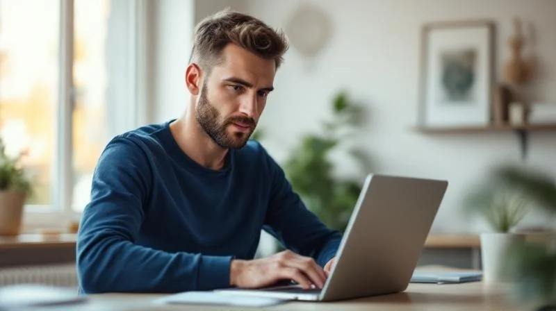Mann arbeitet konzentriert am Laptop in einem hellen Raum in Münster