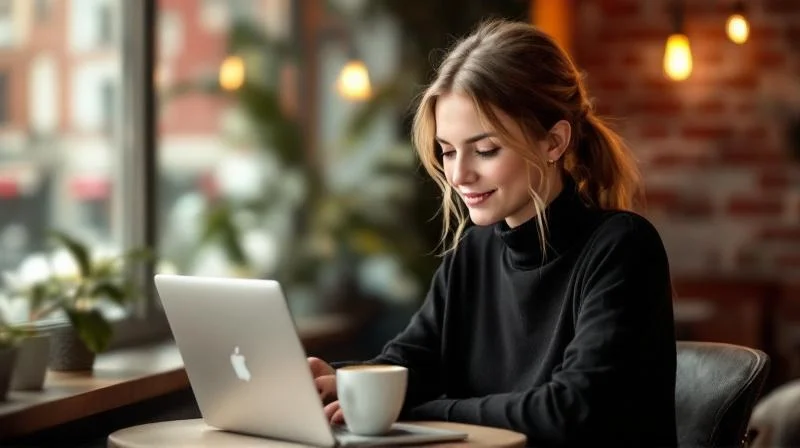 Frau sitzt mit Laptop in einem Cafe in Münster und lernt online